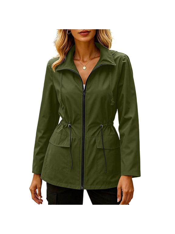 Cargo Jacket For Women Stand Collar Full Zip Cargo Jacket Drawstring Waist Long Sleeve Double Flap Pocket Airy Windbreaker Solid Color Casual Outdoor Hiking Daily Warm Season Layering Outer