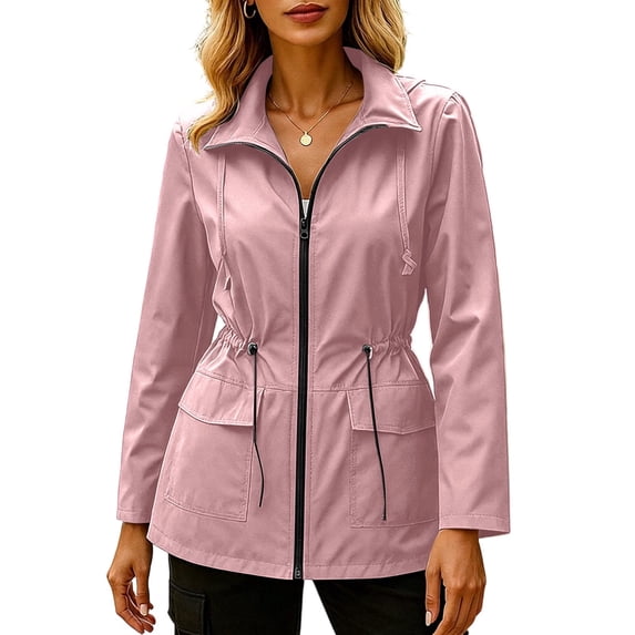 ATOYSOY Cargo Jacket For Women Stand Collar Full Zip Cargo Jacket Drawstring Waist Long Sleeve Double Flap Pocket Airy Windbreaker Solid Color Casual Outdoor Hiking Daily Warm Season Layering Outer