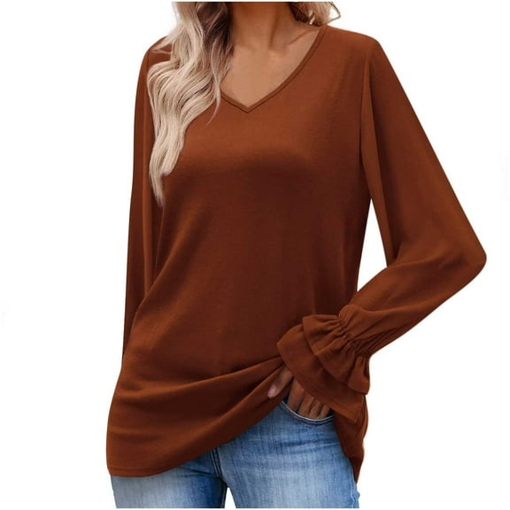 ATOYSOY Casual Dress Sweatshirts Loose Blouse for Women Long Sleeve Tops V Neck Shirts Fall Winter Outwear Trendy Solid Color Pullover Brown XXL