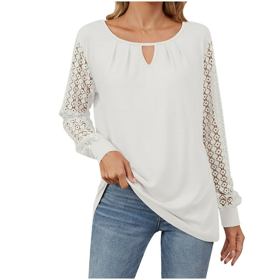 ATOYSOY Casual Elegant Cotton Linen Loose Lace Shirts for Women Long Sleeve Business Tees Keyhole Neck Pullovers Patchwork Raglan Tops Outwear Fall Trendy White L
