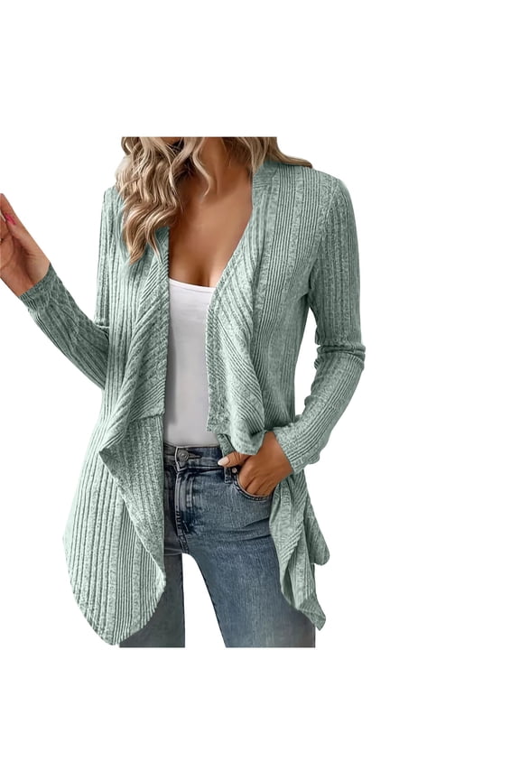 Casual Knitted Cardigans Loose Jackets for Women Fall Sweaters Lightweight Winter Long Sleeve Sweatshirts Ribbed Open Front Coat Trendy Workout Green M