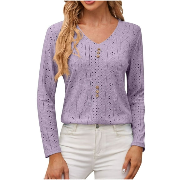 ATOYSOY Casual Loose Eyelet Shirts for Women V Neck Pullovers Button Trendy Outwear Fall Solid Color Tops Long Sleeve Tees Purple S