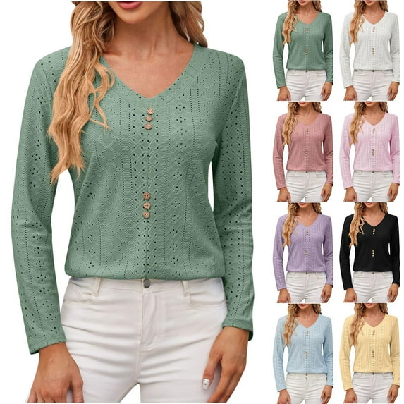 ATOYSOY Casual Loose Eyelet Shirts for Women V Neck Pullovers Button Trendy Solid Color Tops Long Sleeve Tees Outwear Fall Black L