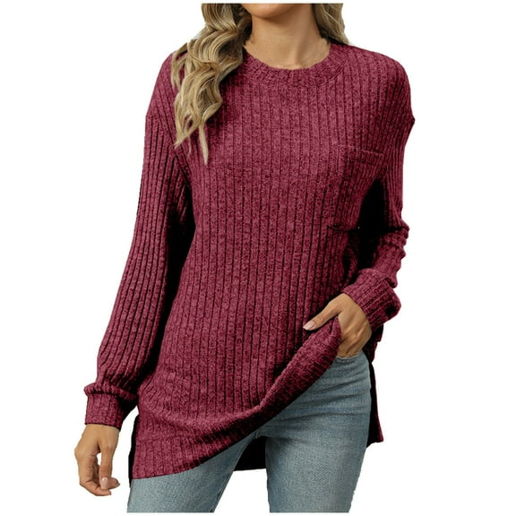 ATOYSOY Casual Ribbed Loose Knitted Shirts with Pockets for Women Long Sleeve Sweatshirts Outwear Fall Solid Color Tops Side Split Trendy Round Neck Pullovers Red XXL