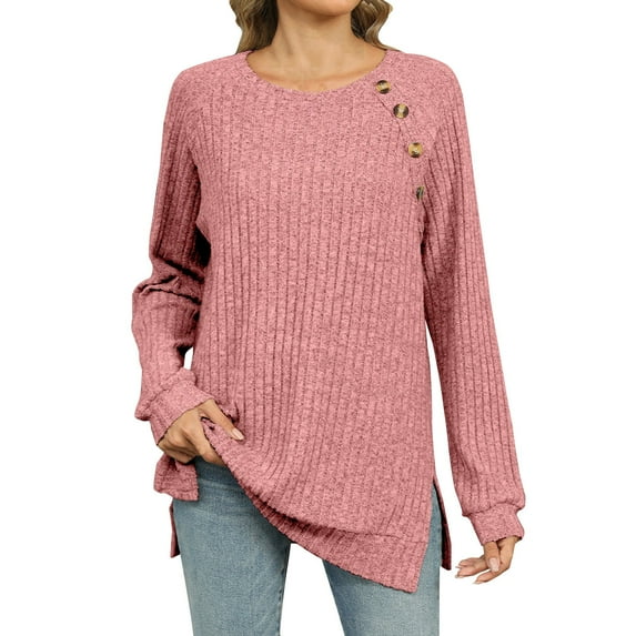 ATOYSOY Casual Ribbed Loose Knitted Shirts for Women Long Sleeve Sweatshirts Outwear Fall Trendy Round Neck Button Pullovers Solid Color Tops Side Split Pink XXL
