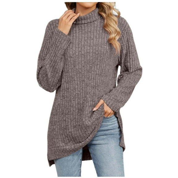 ATOYSOY Casual Ribbed Loose Knitted Shirts for Women Trendy Solid Color Side Split Tops Long Sleeve Tees High Neck Pullovers Outwear Fall Gray S