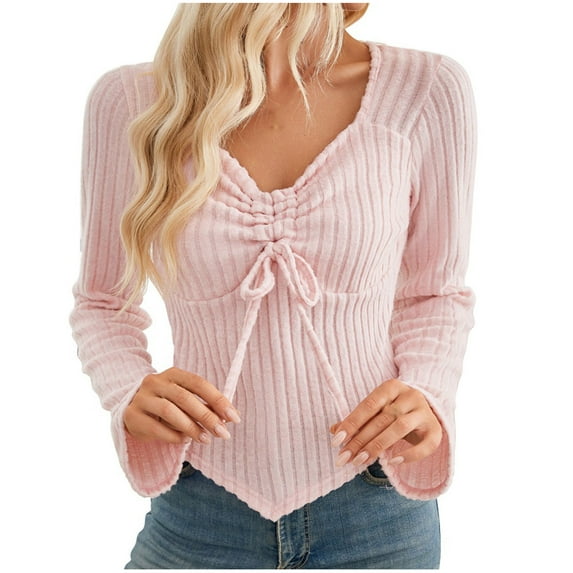 ATOYSOY Casual Ribbed Slim Knitted Shirts for Women Outwear Fall Solid Color Tops Drawstring V Neck Pleated Pullovers Trendy Long Sleeve Sweatshirts Pink M
