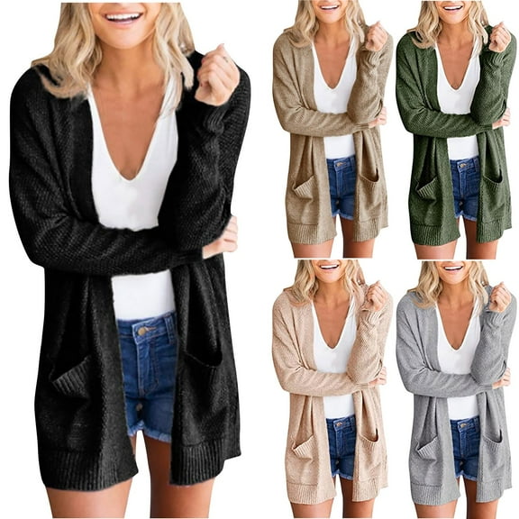 ATOYSOY Knitted Tops Cardigans Loose Jackets with Pockets for Women Workout Open Front Shackets Lightweight Winter Long Sleeve Outwear Casual Sweaters Coat Green L