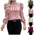 thumbnail image 1 of ATOYSOY Solid Color Striped Tops Casual Elegant Puff Sleeve Business Tees Outwear Fall Mock Neck Button Pullovers Trendy Loose Satin Shirts for Women Green L, 1 of 5
