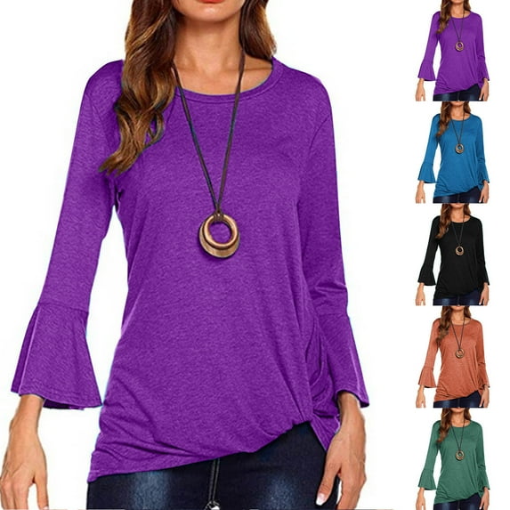 ATOYSOY Solid Color Tops Casual Dressy Tunic Flared Sleeve Tees Trendy Round Neck Pullovers Loose Shirts for Women Outwear Fall Black L