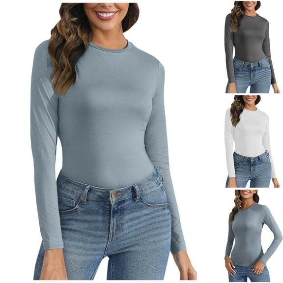 ATOYSOY Solid Color Tops Casual Outwear Fall Slim Basic Shirts for Women Round Neck Pullovers Trendy Long Sleeve Tees Gray L