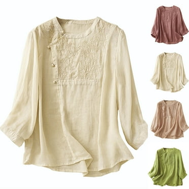 ATOYSOY Clearance Solid Color Tops Outwear Fall Trendy Round Neck Button Pullovers Long Sleeve Tees Loose Cotton Shirts for Women Casual Embroidery Beige L