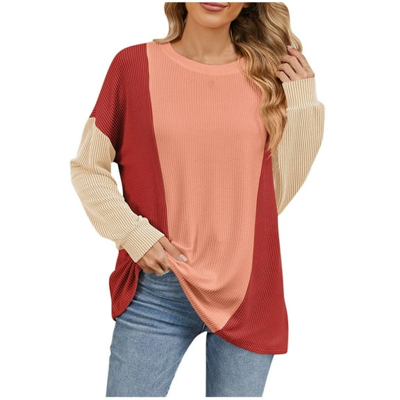 ATOYSOY Color Block Tops Loose Shirts for Women Casual Dressy Tunic Outwear Fall Round Neck Pullovers Trendy Long Sleeve Tees Red L