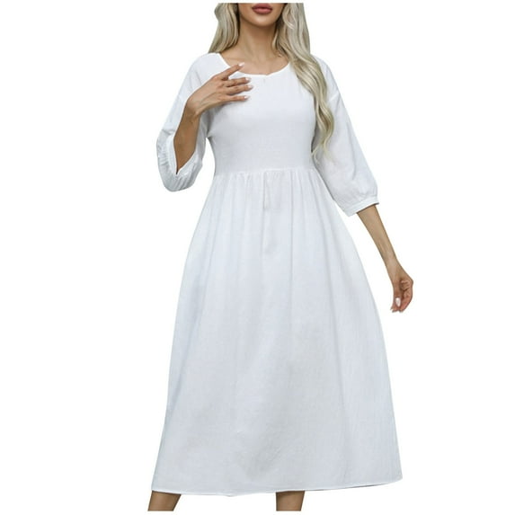 ATOYSOY Fall 3/4 Sleeve Outfits Tea Length Dress With Pockets for Women Fashion Casual Cotton Round Neck Sweaters Dress Winter Solid Color Pullovers Workout White L