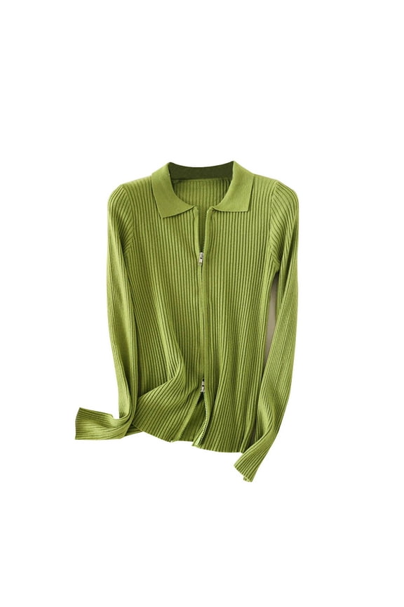 Fall Sweaters Lightweight Lapel Zipper V Neck Trendy Winter Workout Casual Knitted Slim Basic Blouses for Women Long Sleeve Sweatshirts Ribbed Green Free Size