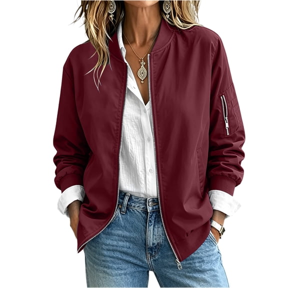 ATOYSOY Fashion Jackets For Womens Zip Up Flight Baseball Coat Stand Collar Long Sleeve Casual Outerwear Windbreaker Solid Color For Daily Travel Street Weekend Shopping Vacation Fall Outdoor Walking