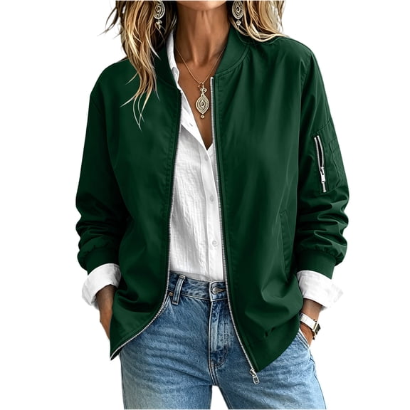 ATOYSOY Fashion Jackets For Womens Zip Up Flight Baseball Coat Stand Collar Long Sleeve Casual Outerwear Windbreaker Solid Color For Daily Travel Street Weekend Shopping Vacation Fall Outdoor Walking