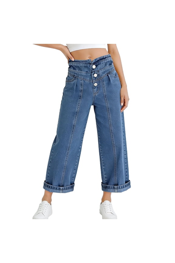 Girls Button Front Wide Leg Cropped Jeans High Waist Denim Pants Roll Up Hem Casual Comfortable Trousers For School And Weekend Wear