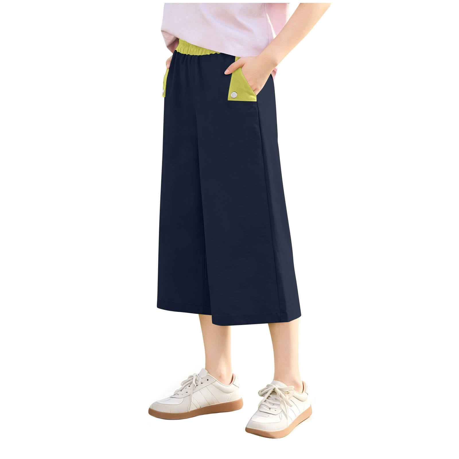 ATOYSOY Girls Elastic Waist Cropped Wide Leg Pants Color Contrast ...