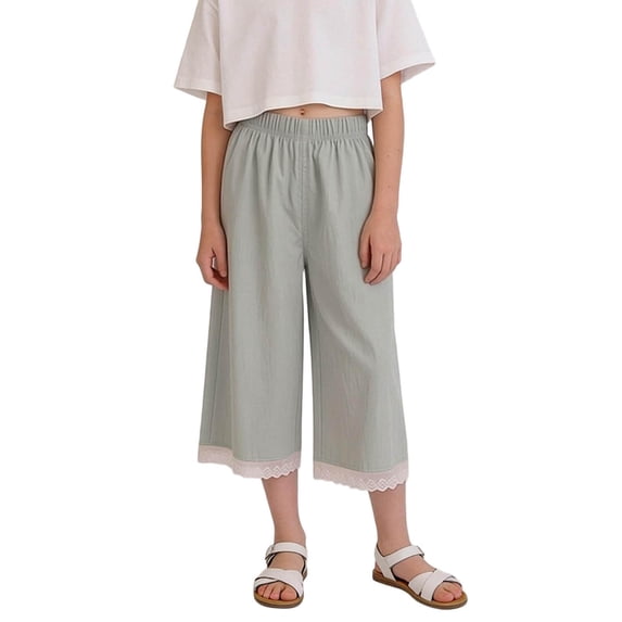 ATOYSOY Girls Lace Hem Cropped Culottes Elastic Waist Wide Leg Solid Color Casual Loose Pants Breathable Comfortable For School And Outing