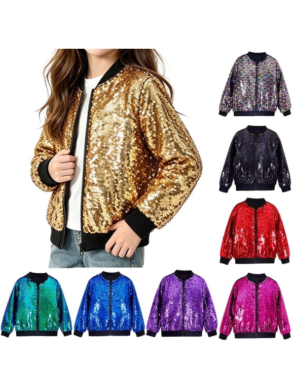 Girls Sequin Jacket Kids Long Sleeve Glitter Casual Zipper Closure Coats for Hip Hop Dance
