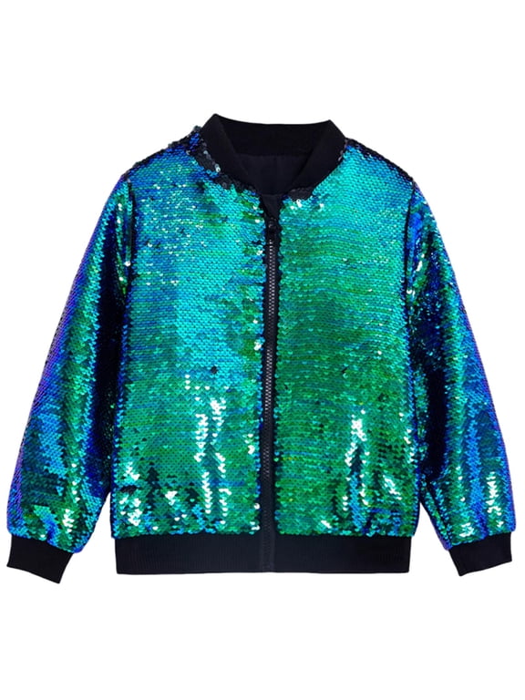 Girls Sequin Jacket Kids Long Sleeve Glitter Casual Zipper Closure Coats for Hip Hop Dance