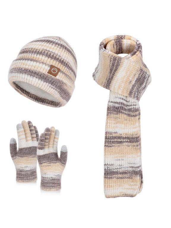 Hat Scarf Glove Set for Women Multi Color Striped Knit Winter Fall Warm 3 in 1 Set Christmas Outdoor Skiing (Khaki,Free Size)
