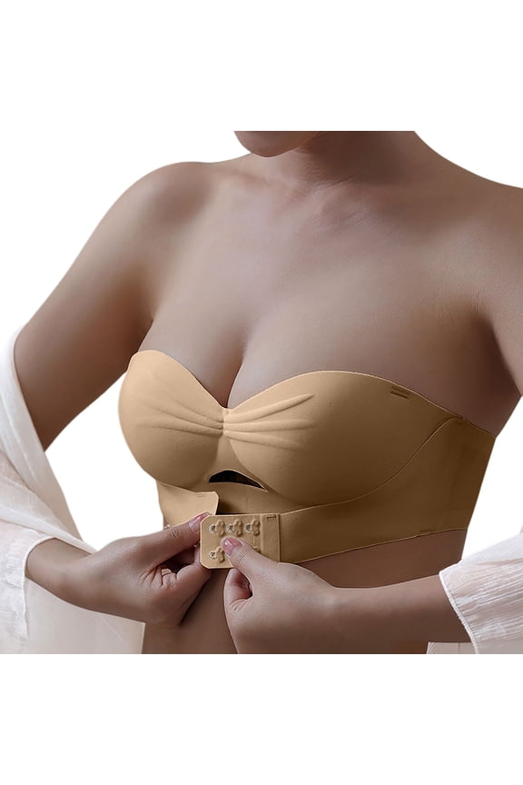 Invisible Tube Tops Bra Push Up Underwear Weddding Seamless Workout Breathable Strapless Adjustable Bralette Comfy Bra Girls Teens Coffee XL