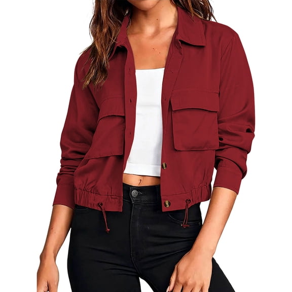 ATOYSOY Jackets For Women Lapel Collar Snap Button Cargo Big Chest Pocket Drawstring Hem Outer Coat Fashion Jackets For Ladies Daily Street Shopping Campus Outdoor Walk Solid Color