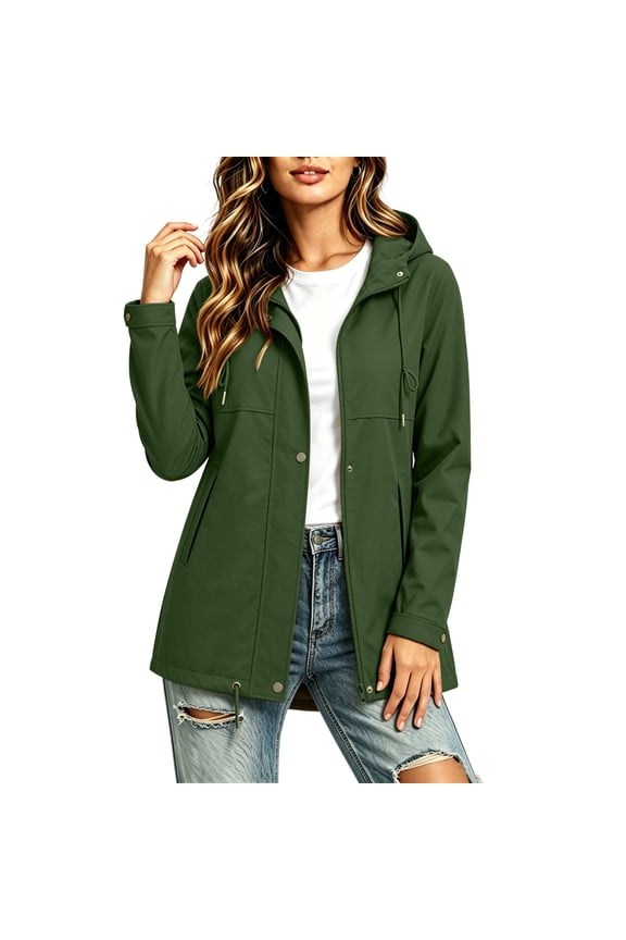 Jackets For Women Plain Hooded Snap Button Waterproof Wind Jacket Straight Mid Length Drawstring Hem Long Sleeve Side Slant Pocket Airy Outerwear Casual Warm Season Daily Travel Layering Coat
