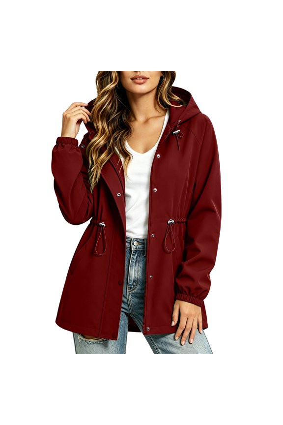 Jumper suit Ladies Oversized Mid Length Hood Field Rain Coat Snap Front Adjustable Waist Drawstring Puff Elastic Sleeve Loose Cut Breathable Wind Jacket Weekend Travel Beach Gym Wear