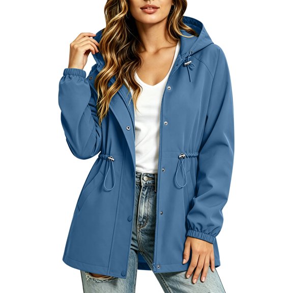 ATOYSOY Jumper suit Ladies Oversized Mid Length Hood Field Rain Coat Snap Front Adjustable Waist Drawstring Puff Elastic Sleeve Loose Cut Breathable Wind Jacket Weekend Travel Beach Gym Wear