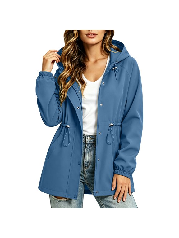 Jumper suit Ladies Oversized Mid Length Hood Field Rain Coat Snap Front Adjustable Waist Drawstring Puff Elastic Sleeve Loose Cut Breathable Wind Jacket Weekend Travel Beach Gym Wear