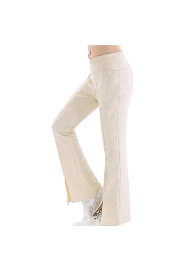 Kids Girls Ribbed Knit Split Hem Flared Pants Elastic Waist Cream Trousers Soft Comfy Pants For School Play And Everyday Activities