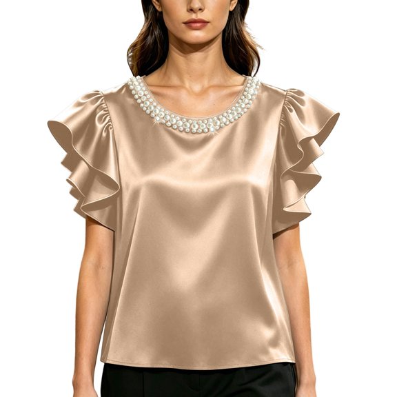 ATOYSOY Ladies Beaded Crew Neck Flowing Sleeve Satin Tops Gloss Elegant Blouses Breathable Comfy Feel Oversized Cut Versatile Garment For Dinner Vacation Working Daily Wear
