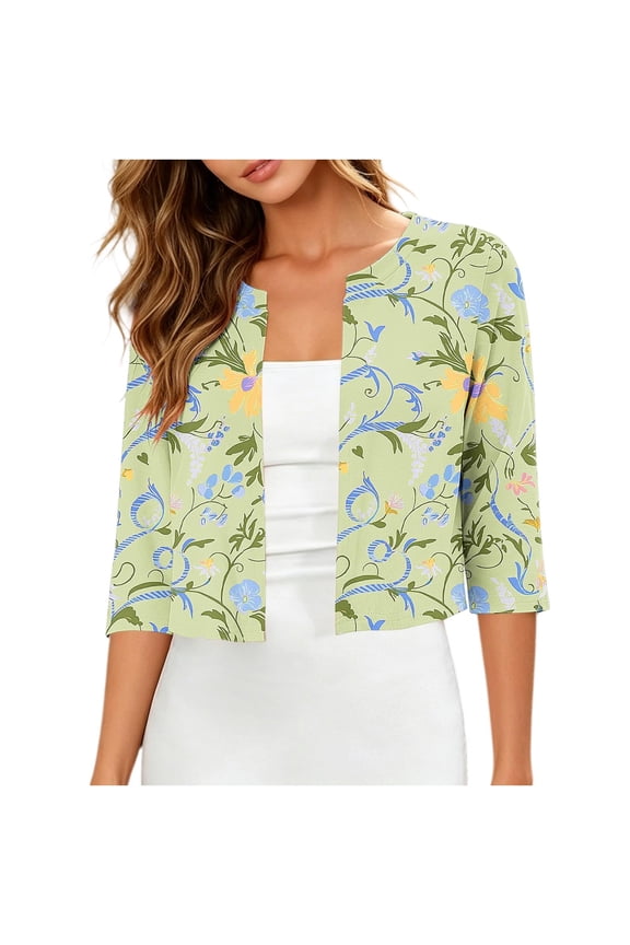 Ladies Floral Botanical Print Cropped Capelet Wrap 3/4 Sleeve Open Front Short Cardigan Soft Stretch Airy Versatile Layering Top For Wedding Weekend Travel Gym Wear