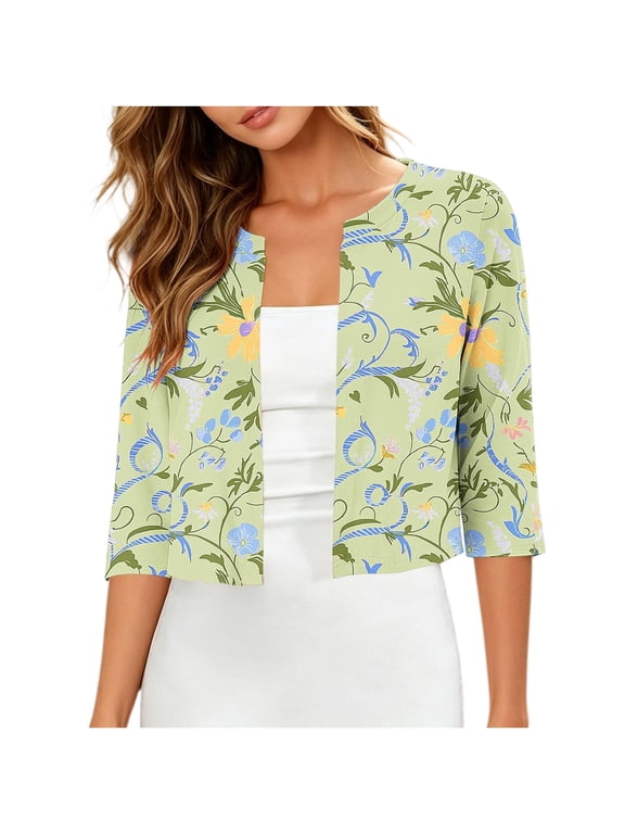 Ladies Floral Botanical Print Cropped Capelet Wrap 3/4 Sleeve Open Front Short Cardigan Soft Stretch Airy Versatile Layering Top For Wedding Weekend Travel Gym Wear