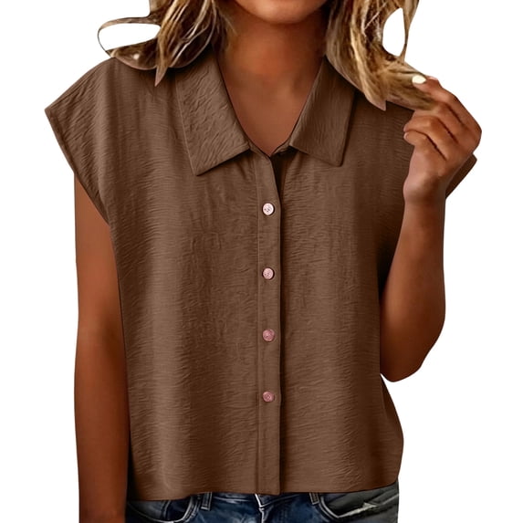 ATOYSOY Ladies Notch Collar Cap Sleeve Full Placket Tops Short Sleeve Crinkle Woven Casual Blouses Breathable Soft Oversized Fashion Shirts Versatile Wear For Weekend Home Working Daily Styling