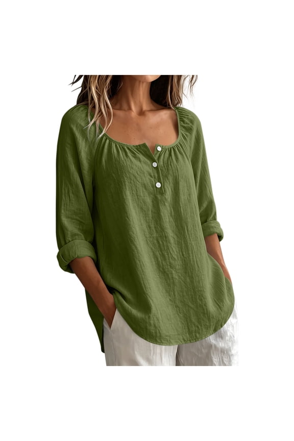 Ladies Wide Elastic Ruched Neck Partial Button Tops 3/4 Roll Sleeve Friendly Oversized Crinkle Linen Shirts Versatile Garment For Weekend Trip Home Errands Working Daily Wear
