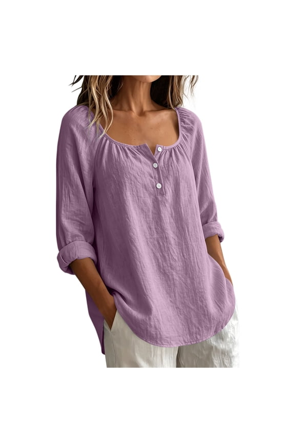 Ladies Wide Elastic Ruched Neck Partial Button Tops 3/4 Roll Sleeve Friendly Oversized Crinkle Linen Shirts Versatile Garment For Weekend Trip Home Errands Working Daily Wear