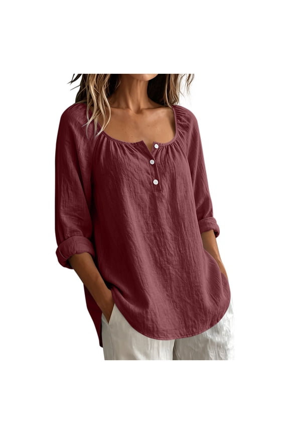 Ladies Wide Elastic Ruched Neck Partial Button Tops 3/4 Roll Sleeve Friendly Oversized Crinkle Linen Shirts Versatile Garment For Weekend Trip Home Errands Working Daily Wear