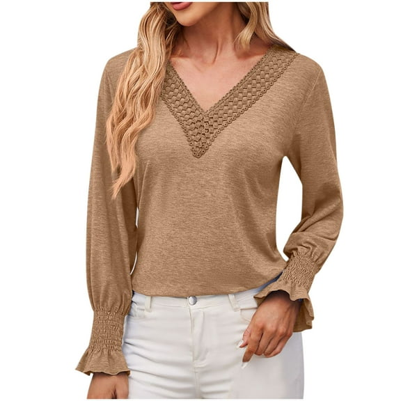 ATOYSOY Long Sleeve Business Tees Loose Lace Crochet Shirts for Women Casual Elegant Cotton Linen Outwear Fall Patchwork Tops Ruffle V Neck Pullovers Trendy Yellow XXL