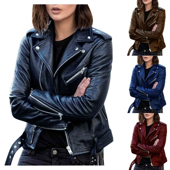 ATOYSOY Long Sleeve Outwear Loose Leather Jackets for Women Solid Color Patchwork Tops Zipper Up Shackets Winter Trendy Workout Casual Motorcycle Biker Coat Black L