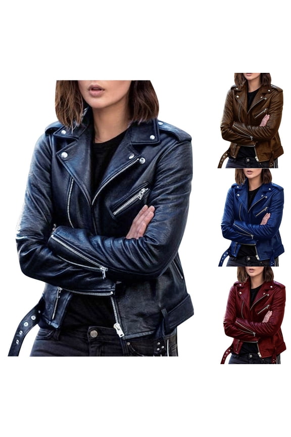 Long Sleeve Outwear Loose Leather Jackets for Women Solid Color Patchwork Tops Zipper Up Shackets Winter Trendy Workout Casual Motorcycle Biker Coat Black L