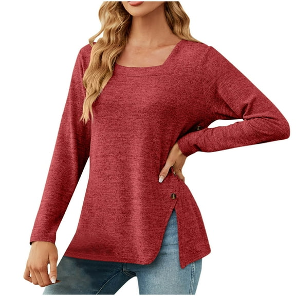ATOYSOY Long Sleeve Shirts for Women,Women's Square Collar Side Split Tee Oversized Solid Casual Loose Button Basic Top Red XXL