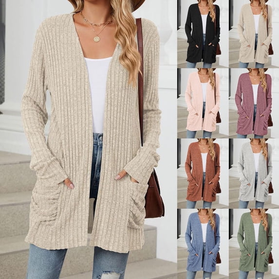 ATOYSOY Long Sleeve Sweatshirts Ribbed Loose Midi Jackets for Women Fall Sweaters with Pockets Lightweight Casual Knitted Cardigans Open Front Coat Winter Workout Green L