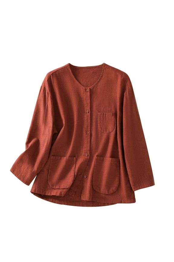 Long Sleeve Tees Loose Shirts with Pockets for Women Open Front Button Cardigans Outwear Fall Casual Cotton Linen Trendy Solid Color Summer Tops Orange L