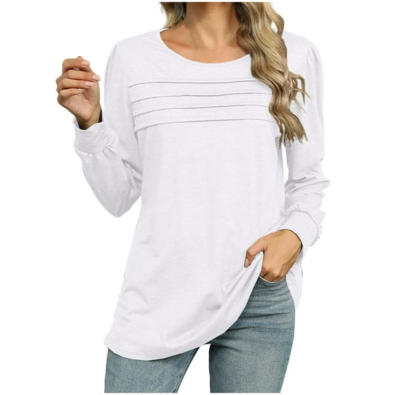 ATOYSOY Long Sleeve Tees Loose Shirts for Women Outwear Fall Trendy Round Neck Pleated Pullovers Casual Cotton Linen Solid Color Tops Dressy Tunic White XL