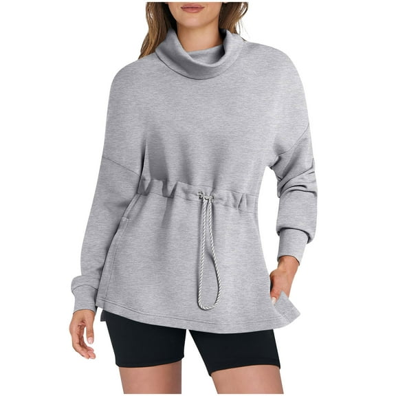 ATOYSOY Long Sleeve Tees Loose Shirts for Women Solid Color Tops Casual Drawstring Outwear Fall Trendy High Neck Pullovers Drawstring Gray L