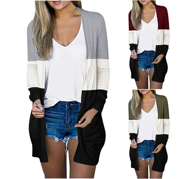 ATOYSOY Long Sleeve Tops Loose Jackets for Women Trendy Casual Spring Outwear Open Front Cardigan Pockets Fall Winter Color Block Coat Green XXL